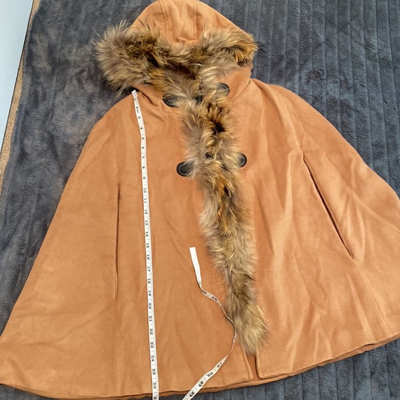 Hooded Big Faux Fur Lapel With Horn Button Women’s Cape Coat - Picture 10 of 17